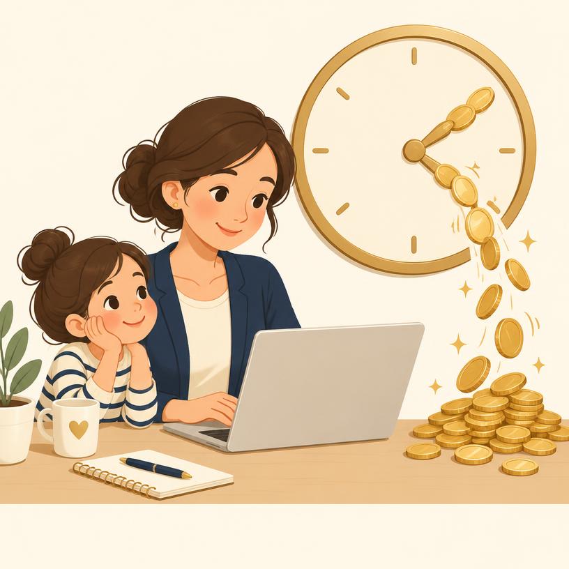 Una mamma lavora al computer mentre le lancette di un orologio diventano monete