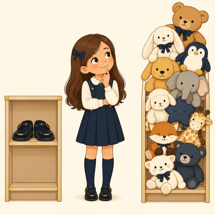 Una bambina pensa davanti a uno scaffale con scarpe di scuola e uno pieno di pupazzi