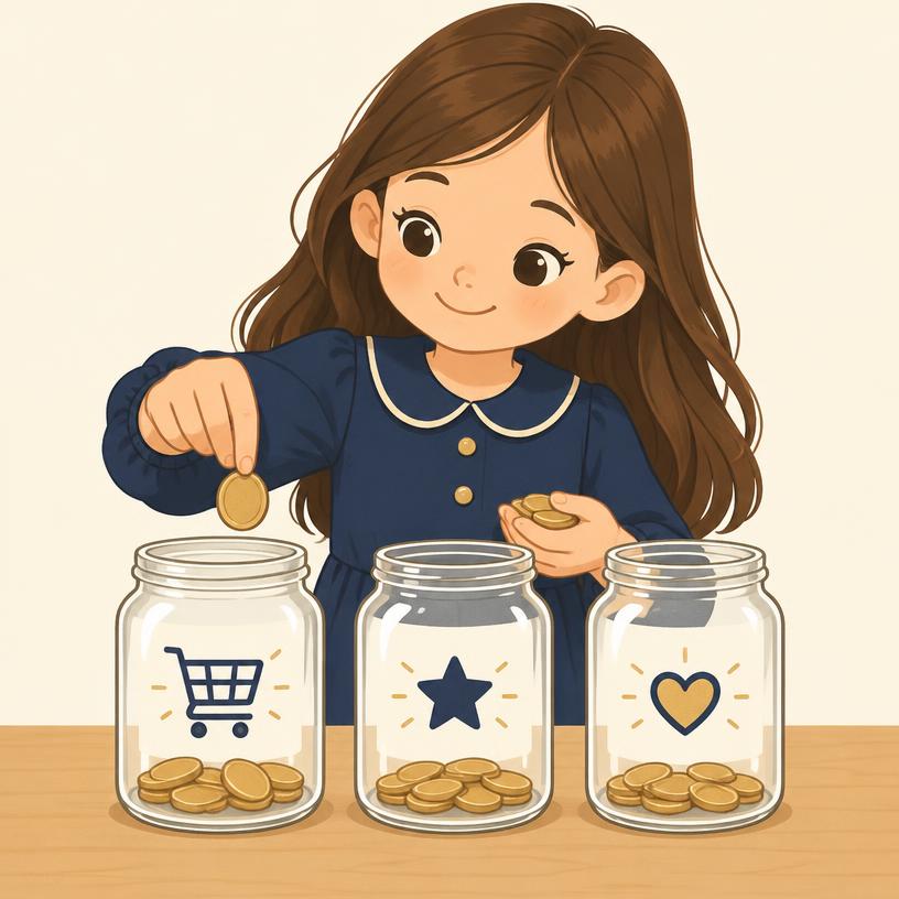 Una bambina mette monete in tre barattoli con carrello, stella e cuore