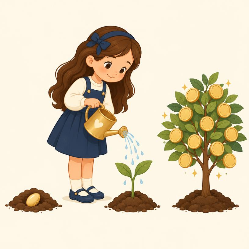 Una bambina annaffia un seme, una piantina e un albero con foglie a forma di moneta