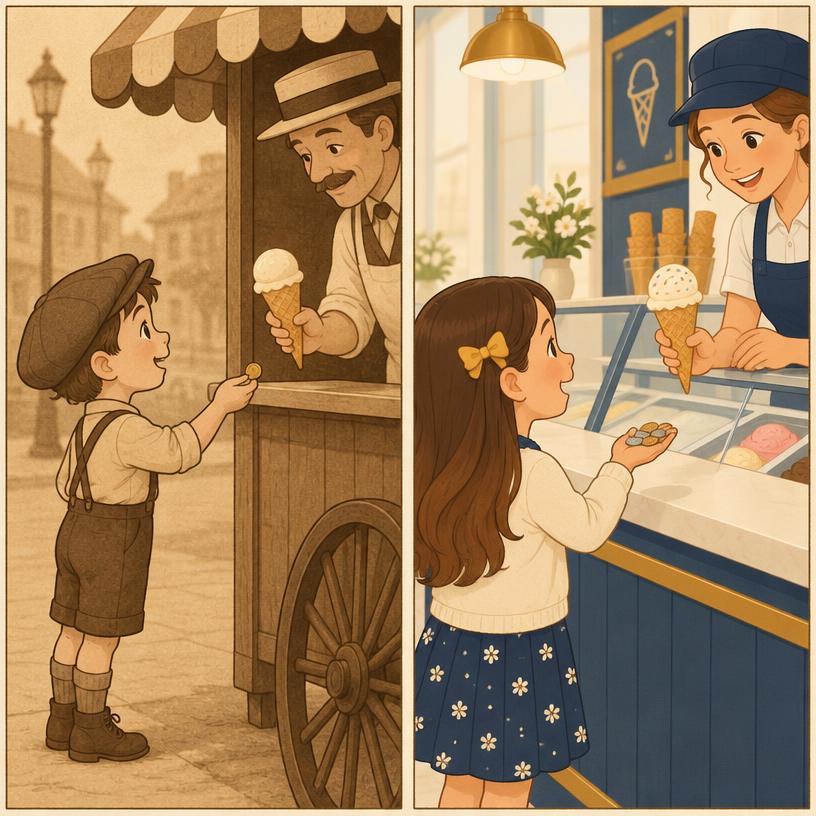 Fumetto in due vignette: un bambino di un tempo paga il gelato con una moneta, una bambina di oggi con diverse monete