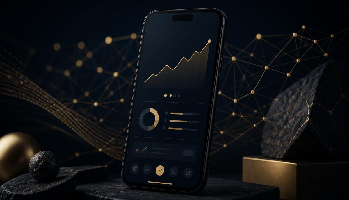 Smartphone con l'interfaccia di un'app di investimento e una rete neurale stilizzata color oro su fondo scuro