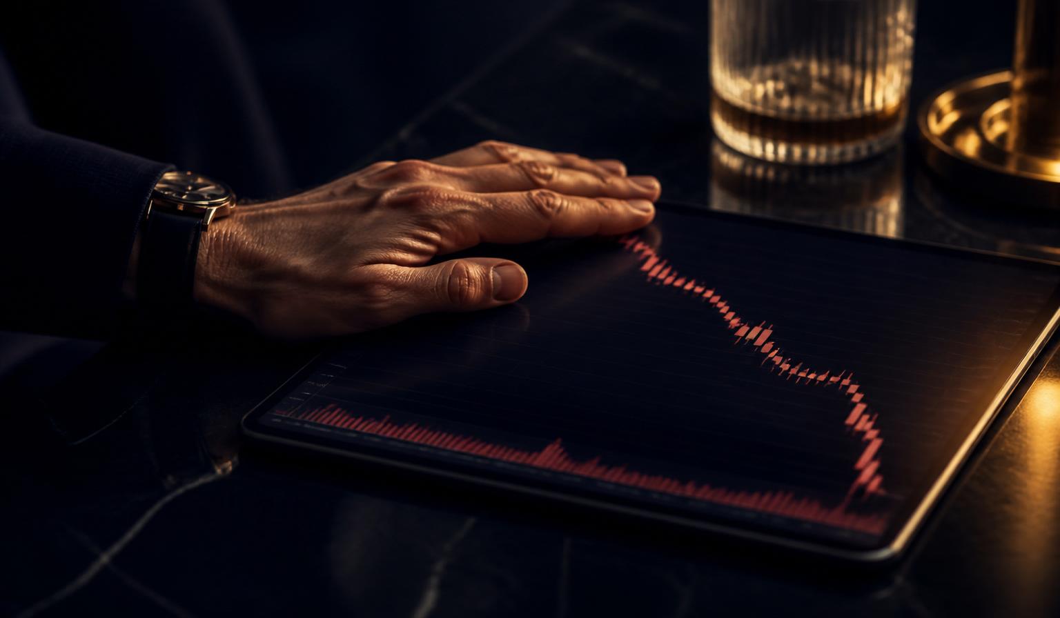 Una mano calma posata su un tablet che mostra un grafico di mercato in forte calo, simbolo del sangue freddo dell'investitore sotto pressione