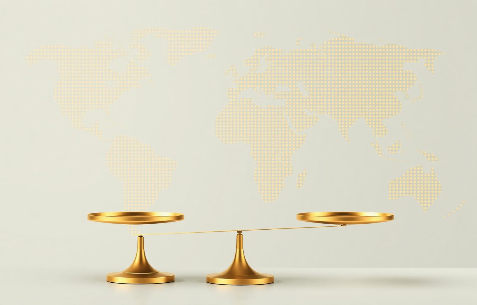Una bilancia dorata in equilibrio davanti a una mappa del mondo: il confronto tra i due ETF globali di Vanguard, VWCE e VALL